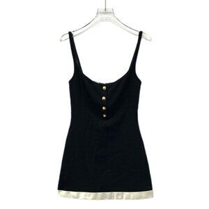 Miu Miu Black Wool Blend Dress With Gold Button Accents & Satin Hem Detail